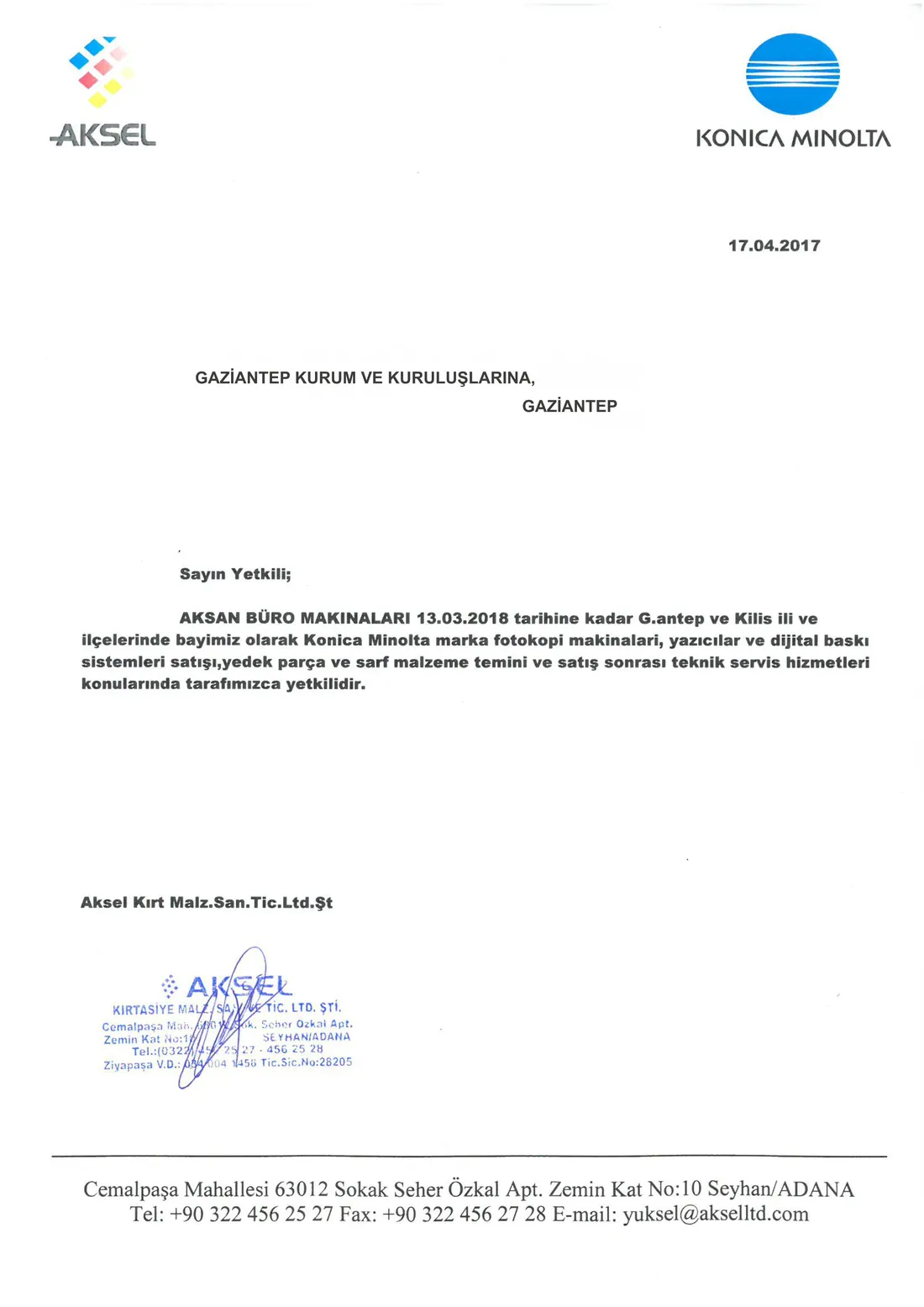 Aksan Büro Konica Minolta yetki belgesi